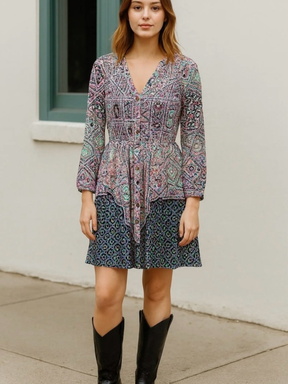 Maeve Mixed-Print Long Sleeve Tie-Waist Dress in Mint, Lavender and Navy